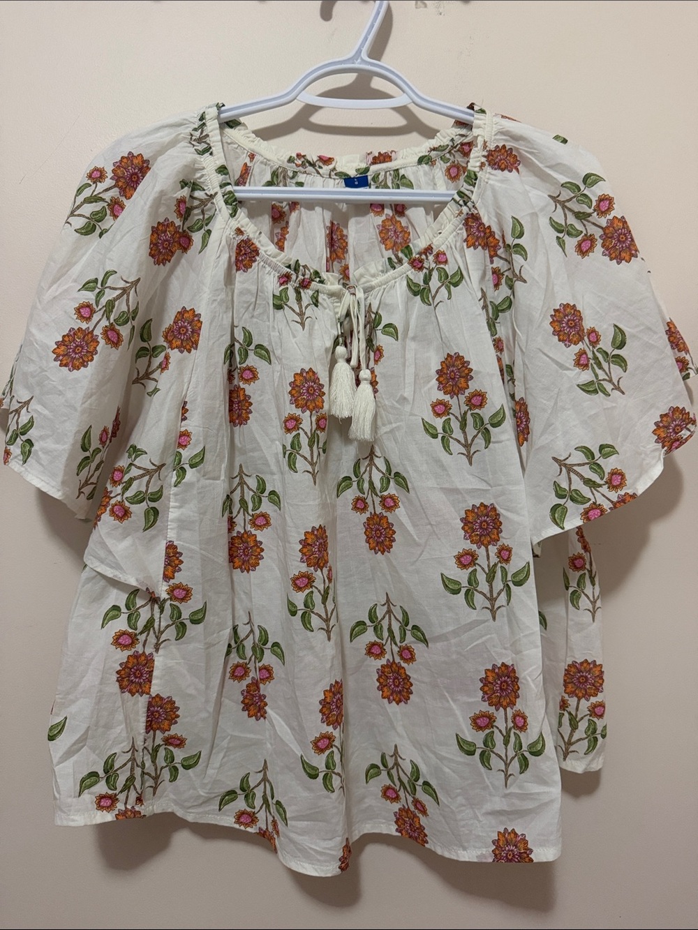 Old Navy White Floral Peasant Tunic with Tassel Detail